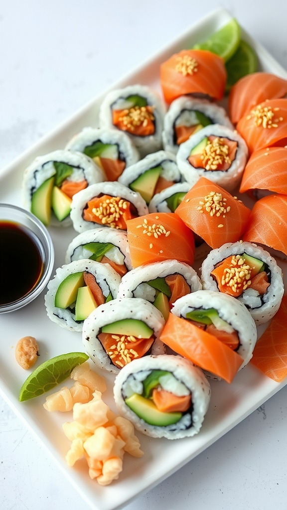 Platter of colorful sushi rolls with avocado, cucumber, and fish, served with soy sauce, wasabi, and pickled ginger.